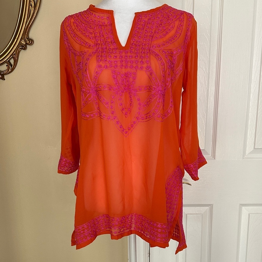 Gretchen Scott Top Tunic Orange Pink Embroidery 3/4 Sleeve Boho Chic Sheer XS